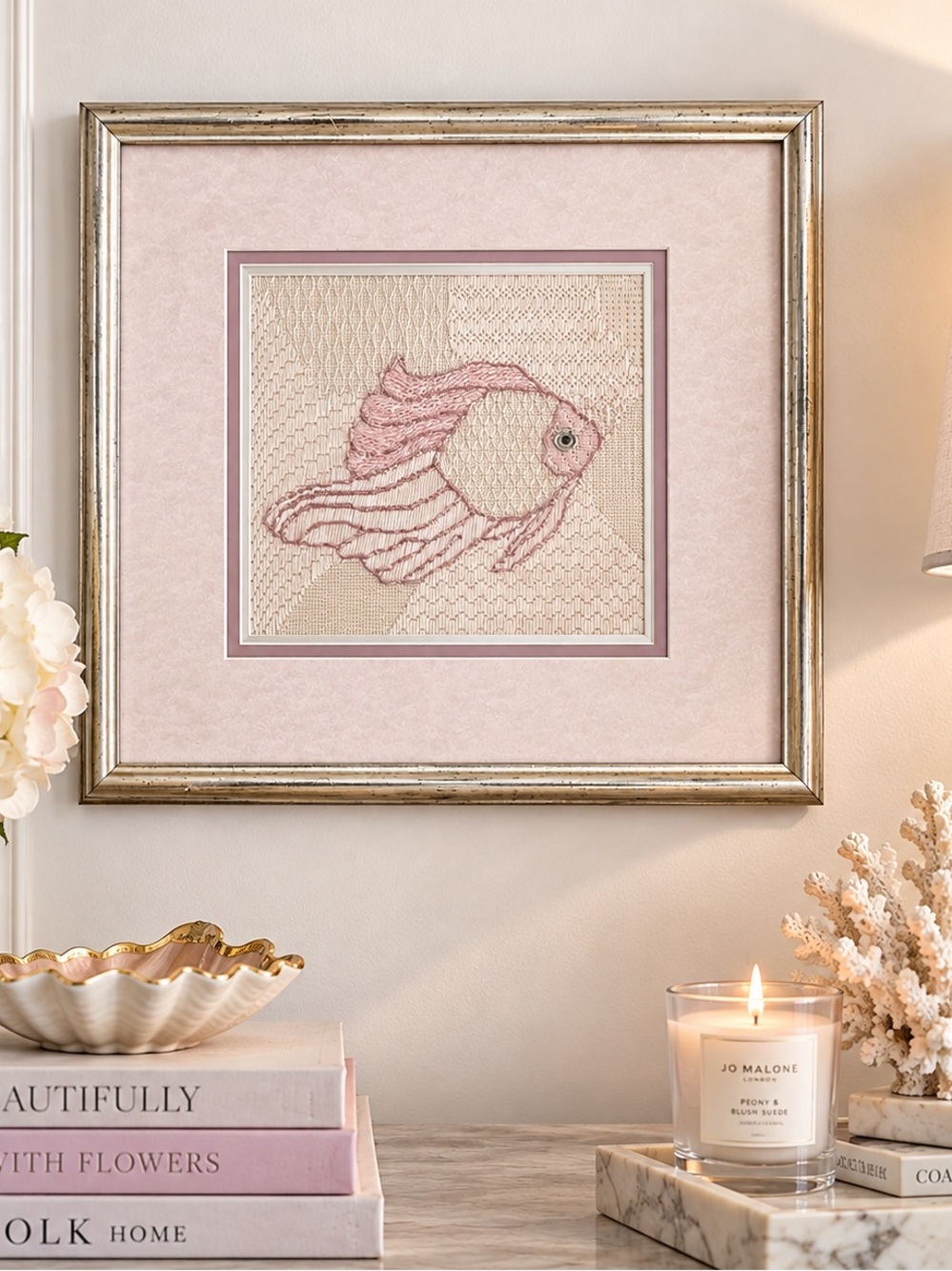 Vintage Pink Fish Needlepoint Embroidery Framed Textile Fiber Art Coastal 12”